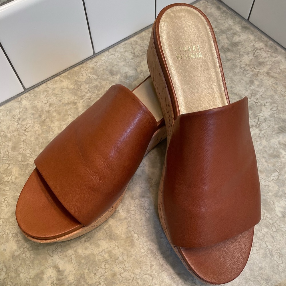 Stuart Weitzman Cork and Leather Slides